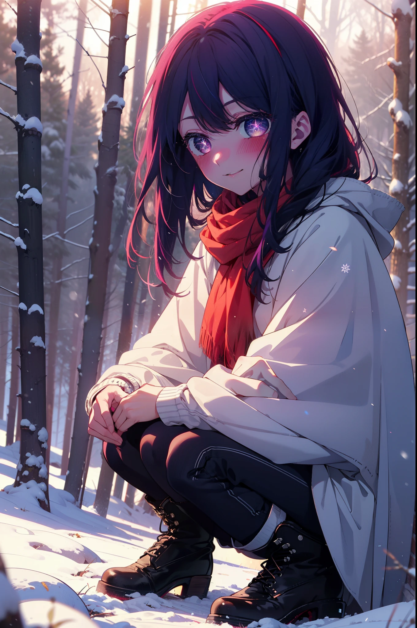 aihoshino, Ai Hoshino, Long Hair, bangs, (Purple eyes:1.1), Purple Hair, (Symbol-shaped pupil:1.5), smile,,smile,blush,White Breath,
Open your mouth,snow,Ground bonfire, Outdoor, boots, snowing, From the side, wood, suitcase, Cape, Blurred, , forest, White handbag, nature,  Squat, Mouth closed, Cape, winter, Written boundary depth, Black shoes, red Cape break looking at viewer, Upper Body, whole body, break Outdoor, forest, nature, break (masterpiece:1.2), highest quality, High resolution, unity 8k wallpaper, (shape:0.8), (Beautiful and beautiful eyes:1.6), Highly detailed face, Perfect lighting, Highly detailed CG, (Perfect hands, Perfect Anatomy),