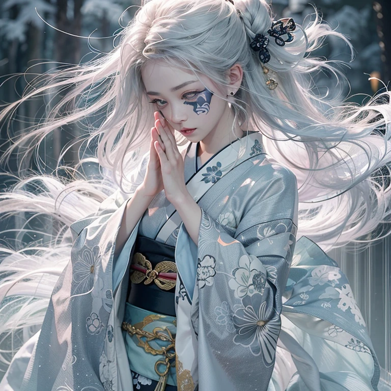 (Award-winning masterpiece, Very detailed, Texture and maximum detail), (Surreal:1.4), (stunningly anatomically perfect and beautiful style:1.9), (Transparent white skin and the highest quality realistic texture:1.8), (Yuki-onna in Japanesefolk tales:1.6), (Accurate perfect circle, Symmetrical pitch black eyes), (detailed and breathtakingly beautiful face:1.6), (Aesthetic and decadent atmosphere:1.7), (Calm, Traditional Japanese kimono that covers the whole body、that&#39;Broken in places, Elegant and delicate pattern:1.8), (Pale skin, but、White skin and face:1.6), (beautiful, Shiny hair blown by the wind:1.8), (Oiran's Hyogomage:0.6), (Decadent attire, Delicately crafted accessories:1.8), (Fallen Beauty:1.6), (Pitch black eyes that seem to glow from within:1.7), (Less exposed skin), (The strong moonlight shines from above:1.7), ((Dramatic Photos)), ((Cinematic light)), (look up), (Looking down), (Dramatic Pose), (Smoke effects and mesmerizing lights:1.4), (Bamboo forest behind:0.3), Amida Hall in the back, Vermilion torii gate(fog:1.3), Wind effects, Swirling Snow, Winter Storm, wind and rain, (fogが漂う:1.3), Snowstorm Ice Field, A quiet snowy field illuminated by moonlight, Midnight in a snowy town, (Dark Night, Full moon night, Crescent Moon Night), Spectacular and realistic, Faded, ((Neutral Tones)), art, (High resolution:1.5), (Calm colors:1.2), Very detailed, (artstation:1.5), Cinematic, Warm Light, Light effects, Dramatic Light, (Intricate details:1.1), Complex background, (Greg Rutkowski:0.8), (blue green and orange:0.4)