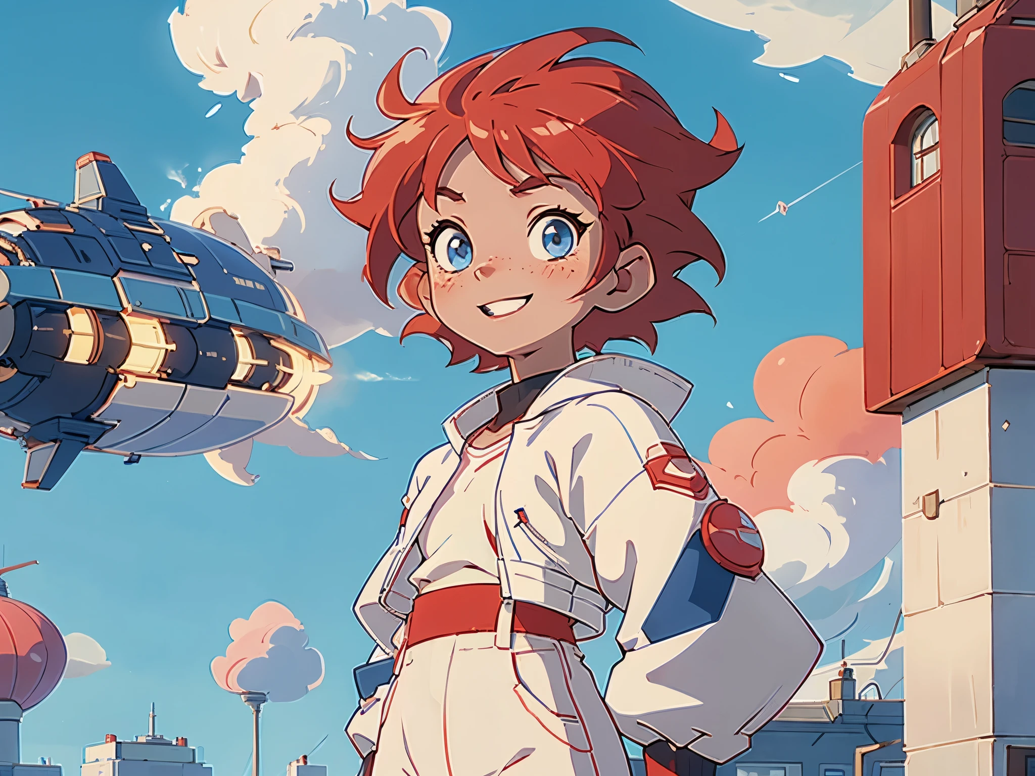 girl１people,Futuristic buildings,Flying Airship,Blue sky,Flowing Clouds,Be on the roof,Looking up at the sky in the distance,Short Hair,Shortcuts,Red hair color,Blue Eyes,11 years old,boyish,アジアpeople,smile,Primary school students,Sunburned skin,Being thin,freckles,White shorts,White tank top,Red jacket,High angle,