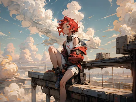 girl１people,futuristic buildings,flying airship,blue sky,flowing clouds,sitting with legs crossed,looking up at the sky in the d...