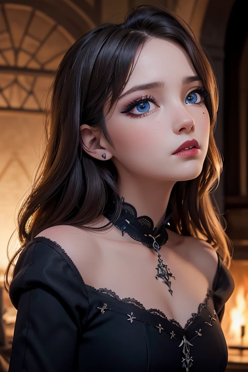 Defined face blue eyes gothic makeup eyeliner and eye shadows, cabello rubio, trenzado labios rojos voluminosos, primer plano en HD,  Intricate medieval architectural details and fantastic landscapes in 12k high resolution 