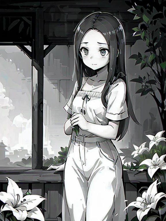 casual, dramatic, cinematic scene, a girl watering flowers in a garden in a simple house, in casual attire, 1940s style, sexier, gentle look, black and white scene, gradient light,