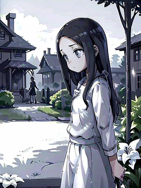 casual, dramatic, cinematic scene, a girl watering flowers in a garden in a simple house, in casual attire, 1940s style, sexier, gentle look, black and white scene, gradient light,