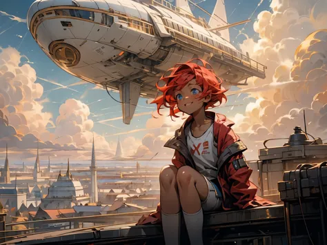 girl１people,Futuristic buildings,A golden airship flying in the sky,Blue sky,Flowing Clouds,sit,Looking up at the sky in the dis...