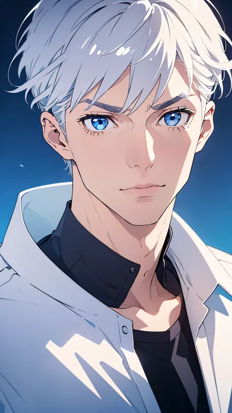 Boy, silver hair, blue eyes, serious sharp features, white skin, handsome, shirt, jacket 