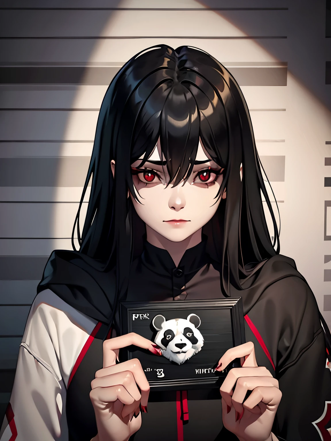 sinister, female, thin, pale, panda eyes, looking at the camera, ultra realistic, fully detailed, cemetery environment, red eyes, black hoodie and stained with blood, bones exposed, putrid wounds, sensual, terrifying, bruised by the body, slight smile, super detailed, long hair, black hair