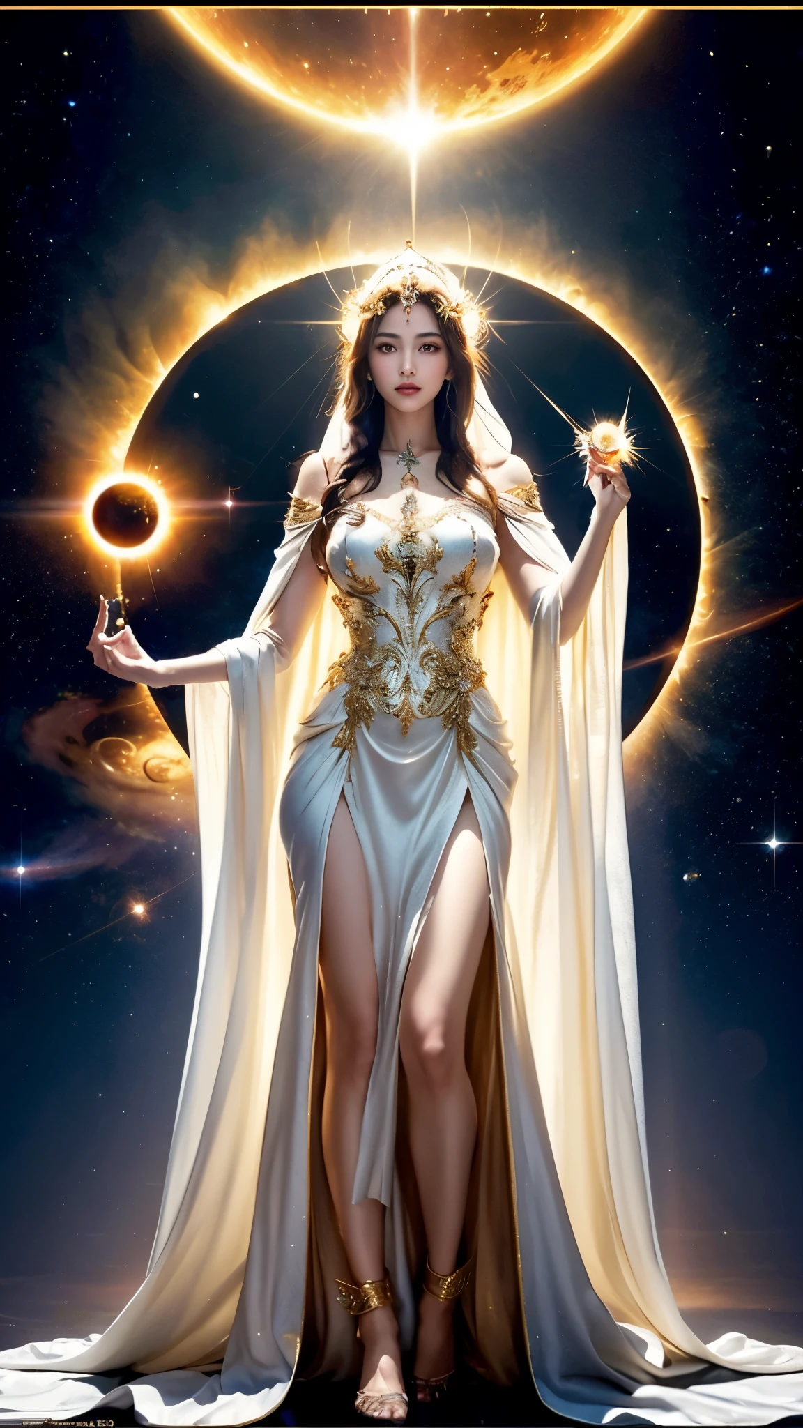 masterpiece, best quality, ultra detailed, realistic, alone, stunningly beautiful woman, full body shot, gorgeous intricately detailed dress, golden ornaments, white cloak, Greek Mythology, fantasy, legendary existence, mythical world, meditation, symmetrical, divine halo, magic circle, solar eclipse, Nebula