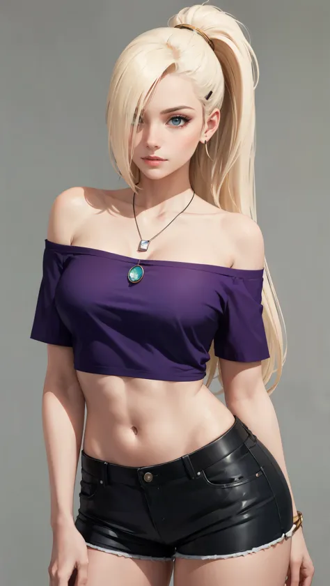 yamanaka ino, purple crop top, sleeveless, shaved armpits, long blonde hair, bangs, masterpiece,
BREAK (off-shoulder shirt, shor...