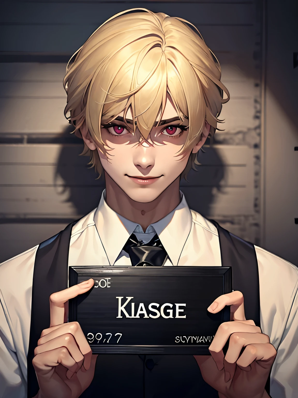 male, wide eyes, thin, pale, looking at the camera, ultra realistic, fully detailed, cemetery environment, red eyes, formal shirt, white fedora, rose in mouth, sensual, terrifying, smile, wink, super detailed, short hair, blonde hair