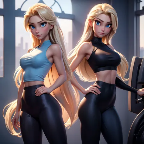 A elsa frozen young blonde girl with blue eyes is in the gym, wearing black leggings that highlight her slim waist and wide hips...