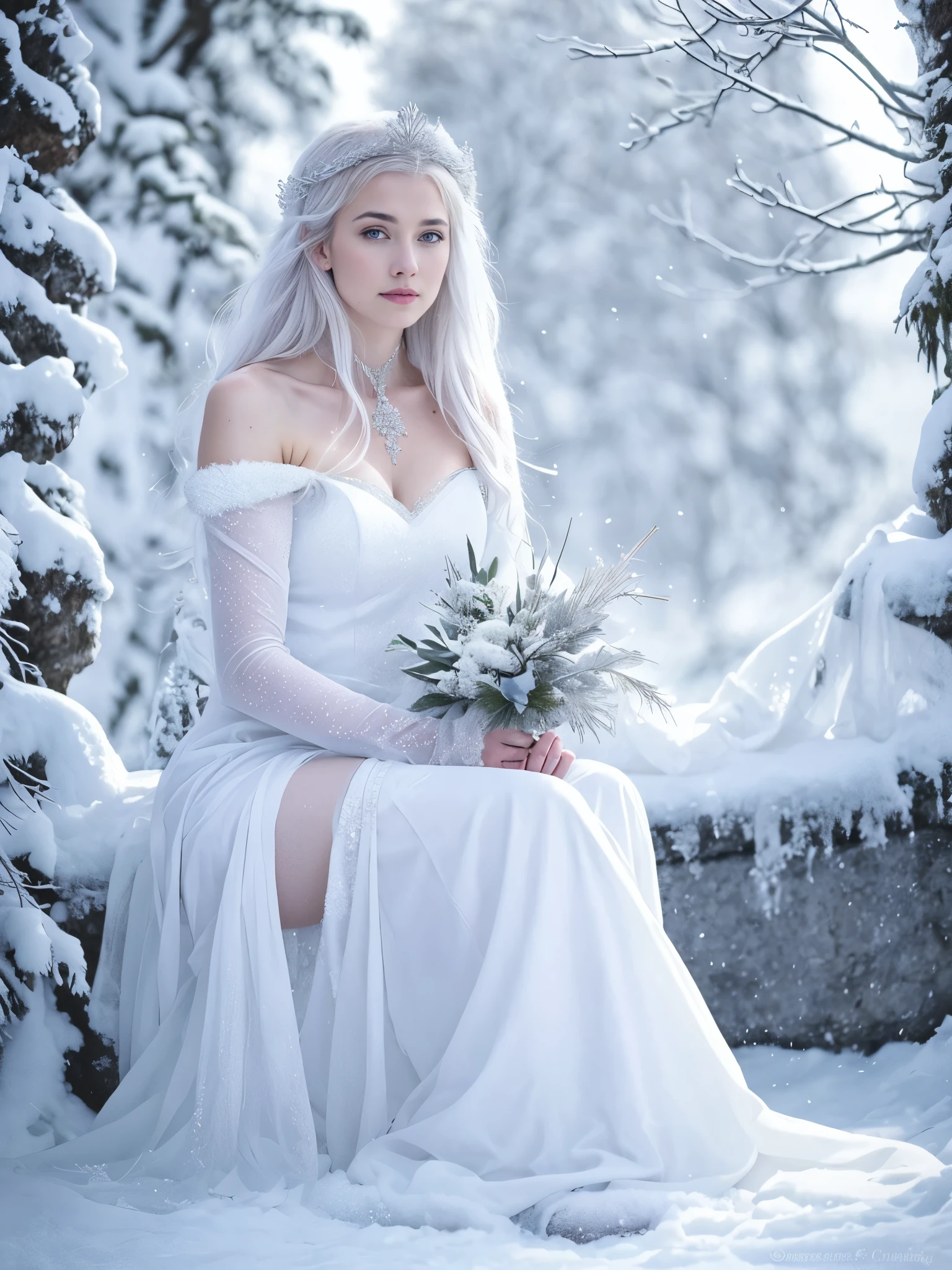 Araffes está sentada en la nieve con un vestido blanco., diosa del invierno, reina del invierno, princesa de invierno, Bruja blanca, hermosa bruja antigua de escarcha, Reyna de hielo, vestida de un hermoso blanco, piel pálida y blanca como la nieve, reina del hielo y la tormenta, una hermosa mujer vestida de blanco, the Reyna de hielo, hermosa princesa elfa, belleza etérea, hechicera de hielo