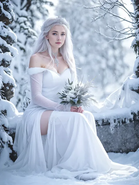 araffes is sitting in the snow with a white dress, goddess of winter, queen of winter, winter princess, white witch, beautiful a...