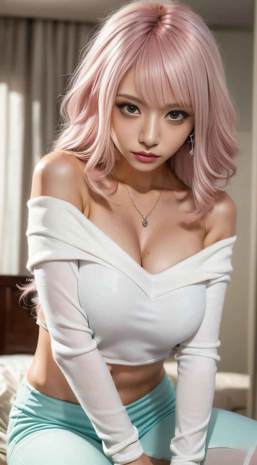 masterpiece, 8k, Award-winning photo, photoRealistic, Realistic, Very detailed, Ultra-high resolution, Japanese Idols Girls,Mature Woman,Wavy hair with bangs,(Bright rouge lips)　, ///one person, The most beautiful, 20-year-old , (sexy, Japanese Idols), (Pink Hair:1.3),ponytail///Human details Shiny skin , Detailed skin , Beautifully detailed face , Beautiful details , ///  (double eyelid, Droopy eyes), (Brightly colored large breasts:1.2), Sunburn, ///((Crossing your legs)), ///(bedroom:1.3), Blurred Background, /// jewelry,Earrings,necklace,(Sexy lips:1.5),(Sweaty body:1.5),plump,((Off-the-shoulder blouse)),,
///Finished ultra-Realistic textures, RAW Photos,Shine,(Body wet with white liquid:1.6)