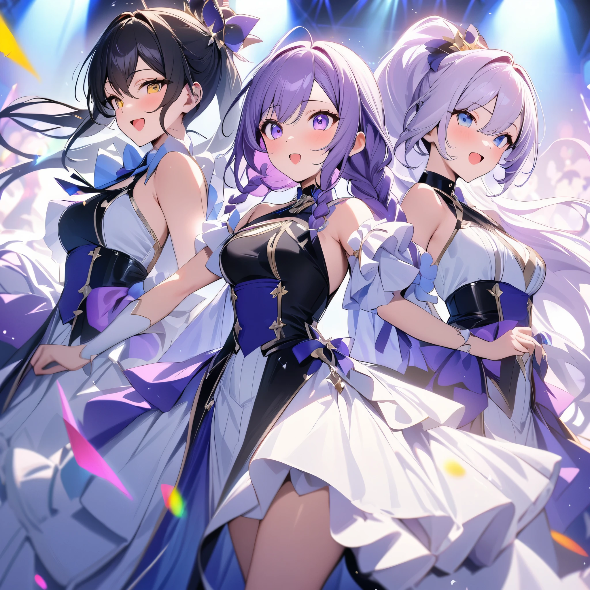 (Purple white gradient double braid long ponytail, cool, personalized, brave),(2people),(2person),(2girls side by side),(look at each other),2people,2person(multi girls),(1boy),(2rbgirl),(2girls),Idols shine brightly on stage, interpreting the charm of music with their gorgeous costumes, elegant dance moves, and affectionate eyes, leading the audience to immerse themselves in a soul shaking performance. Brilliant, dazzling, stunning, passionate, full of vitality, dreamlike, gorgeous, dazzling, charming, colorful, lively, vibrant, captivating, visually grand, dynamic, passionate, and full of tension, passionate burning, and colorful,(masterpiece, best quality:1.2)