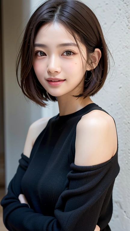 (((Close-up of face)))、(((Absolutely shoulder-length brown straight short bob)))、(((She is posing like a hair salon model, with a black wall indoors as the background.)))、(((Casual black winter long sleeves with shoulders covered)))、(Natural laughter:1.25)、Half Japanese, half Korean、18 year old girl、Standing Alone、Looking forward、Light eye makeup、Brown Hair Color、Flat and 、Hair blowing in the wind、Actress Quality、Glossy, ultra-realistic face、Smiling face、Watery eyes、Gazing Up、Subtle lighting effects、 Ultra-Realistic Capture、Very detailed、High resolution 16K close up of human skin。Skin texture must be natural、The details must be such that pores can be clearly seen、The skin is healthy、Uniform tone、Use natural light and colors、A worn-out, high-quality photo taken by a model agency&#39;s in-house photographer.、smile、(((SIGMA 300 mm F/1.4,1/1000 sec shutter,ISO 400)))
