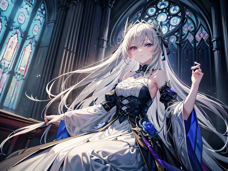 Perfect face,Create a mesmerizing high-resolution masterpiece (1.2) of a gothic anime girl with long, flowing white hair and piercing blue eyes. Her outfit is a traditional maiden's dress, adorned with intricate details and a captivating design, showcasing her elegant and sultry personality. The zerochan art style adds an extra layer of detail and realism (1.37) to every curve and line, transporting you into a world of enchantment and romance. The nightcore theme adds a sense of mystery and excitement, with soft and romantic lighting illuminating the scene. The light and dark color scheme further emphasizes the contrast between the girl's ethere, 1 girl,church, beautiful background, mysterious,A large church, many mysteries ,Praying girl, symmetry, frontal view, frontal picture