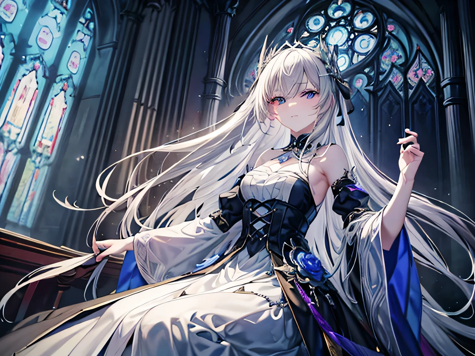 Perfect face,Create a mesmerizing high-resolution masterpiece (1.2) of a gothic anime girl with long, flowing white hair and piercing blue eyes. Her outfit is a traditional maiden's dress, adorned with intricate details and a captivating design, showcasing her elegant and sultry personality. The zerochan art style adds an extra layer of detail and realism (1.37) to every curve and line, transporting you into a world of enchantment and romance. The nightcore theme adds a sense of mystery and excitement, with soft and romantic lighting illuminating the scene. The light and dark color scheme further emphasizes the contrast between the girl's ethere, 1 girl,church, beautiful background, mysterious,A large church, many mysteries ,Praying girl, symmetry, frontal view, frontal picture