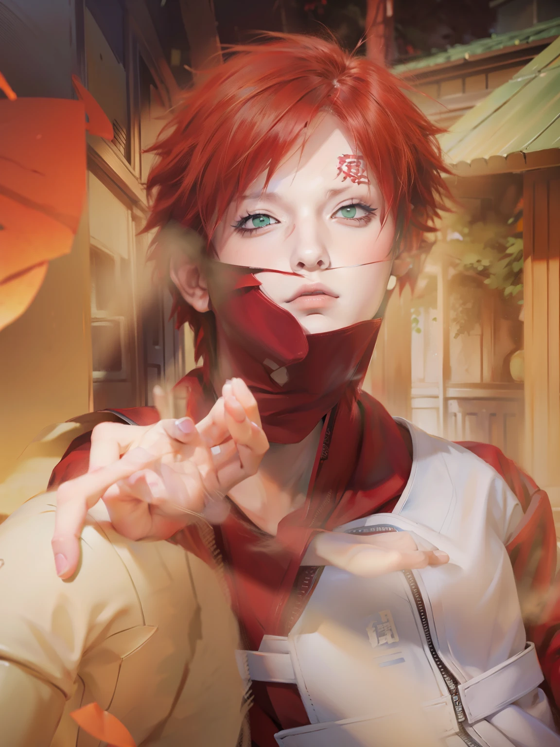 1 Mann, Gaara im Anime Naruto, Kurzes Haar , Rote Haare, grüne Augen, Gutaussehend, Rote Kleidung, realistisch clothes, detail kleidung, Outdoor-Hintergrund, Ultra-Detail, realistisch