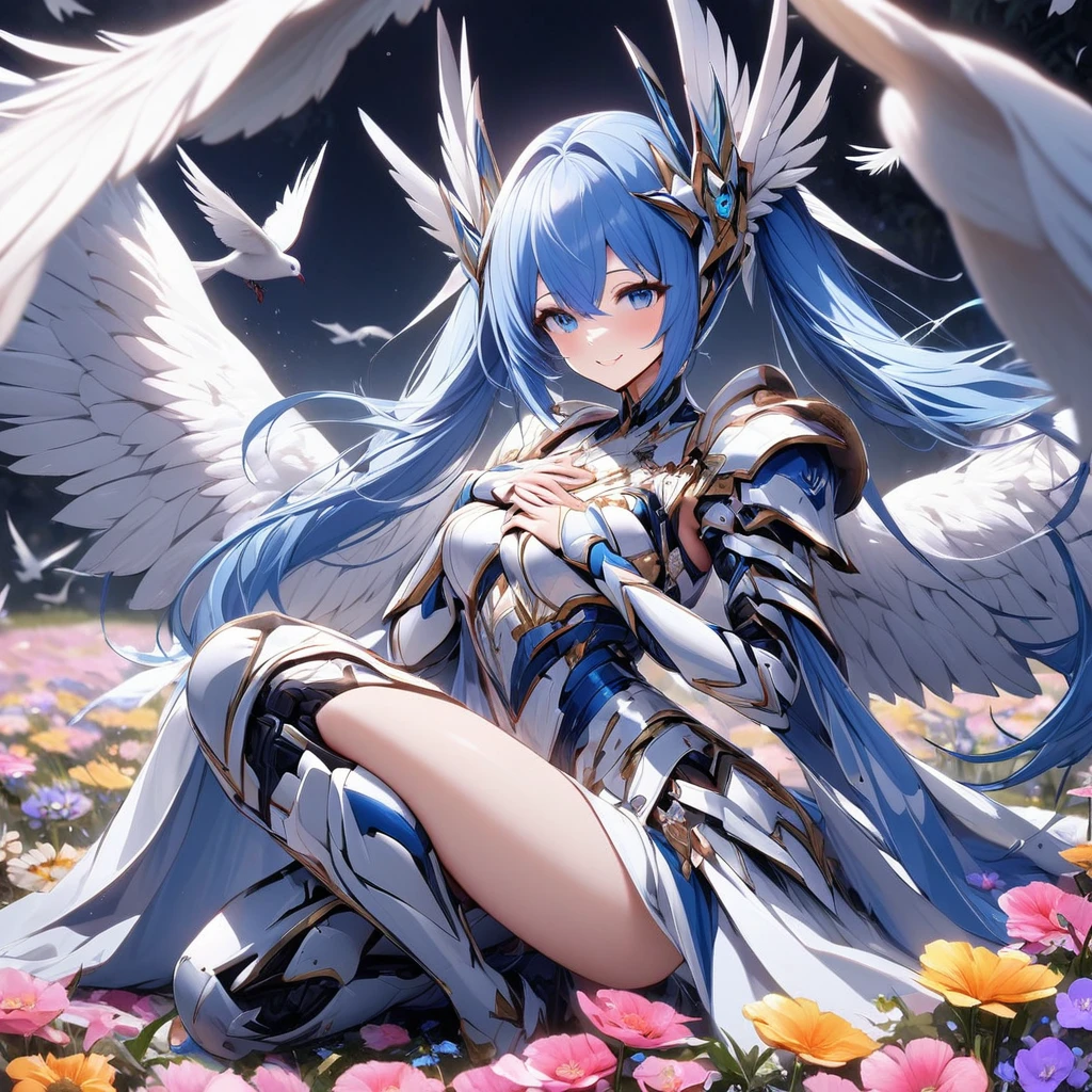 High quality, high definition, hig
h precision images,8k 1 Girl Robot Girl、Blue hair,Twin tails,blue eyes、A field of flowers,
,Blue and white clothing,He's wearing flashy robot armor、luxurious headgear、Kneel up on one knee in the flower field sit 、Bring your hands together and raise them to your chest, A white bird flies from my hand, Eyes looking at birds, Smile

