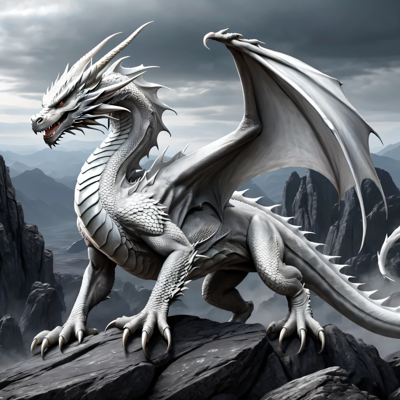 Realistic black and white photo, A large and powerful white dragon with ((extremely smooth and glossy skin)) it stands on a rocky plateau, ((smooth and elastic)) the texture of the dragon's skin is shown in detail, developed muscles, ((on the shoulders of the dragon)) is applied ((black tattoo of the eastern dragon)), ((tattoo is shown in detail)), high resolution, high definition, high detail, 32k, dragon tattoo, back tattoo