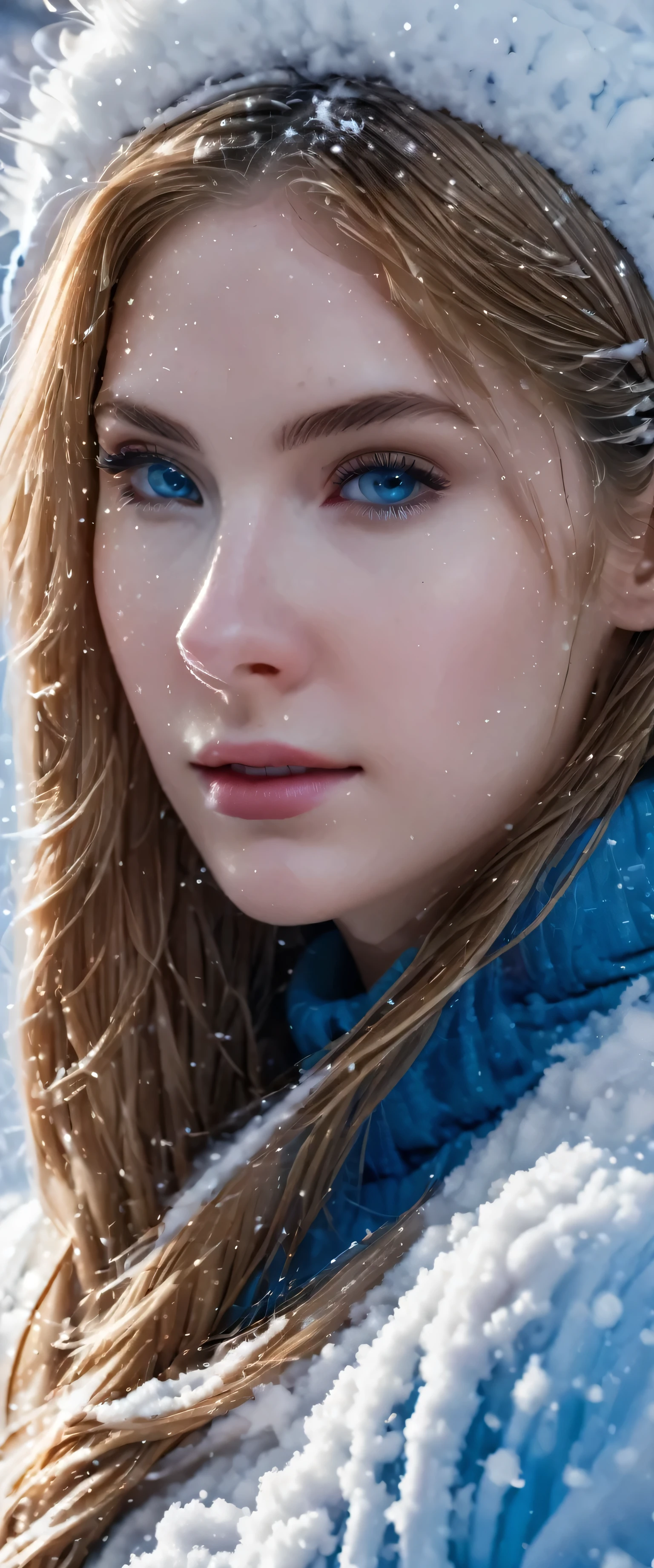(masterpiece, best quality:1.2), 1girl, solo,(8k, RAW photo, photorealistic:1.25) ,( lip gloss,closed mouth, eyelashes, glossy side, shiny skin, best quality, ultra high resolution, depth of field, chromatic aberration, caustic, wide light, natural shadow, blue eyes, snow)