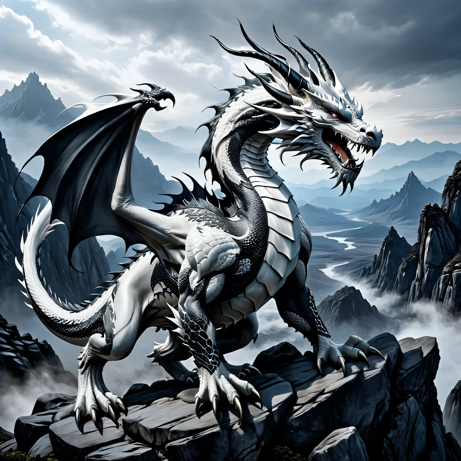 Realistic black and white photo, A large and powerful white dragon with ((extremely smooth and glossy skin)) it stands on a rocky plateau, ((smooth and elastic)) the texture of the dragon's skin is shown in detail, developed muscles, ((on the shoulders of the dragon)) is applied ((black tattoo of the eastern dragon)), ((tattoo is shown in detail)), high resolution, high definition, high detail, 32k, dragon tattoo, back tattoo