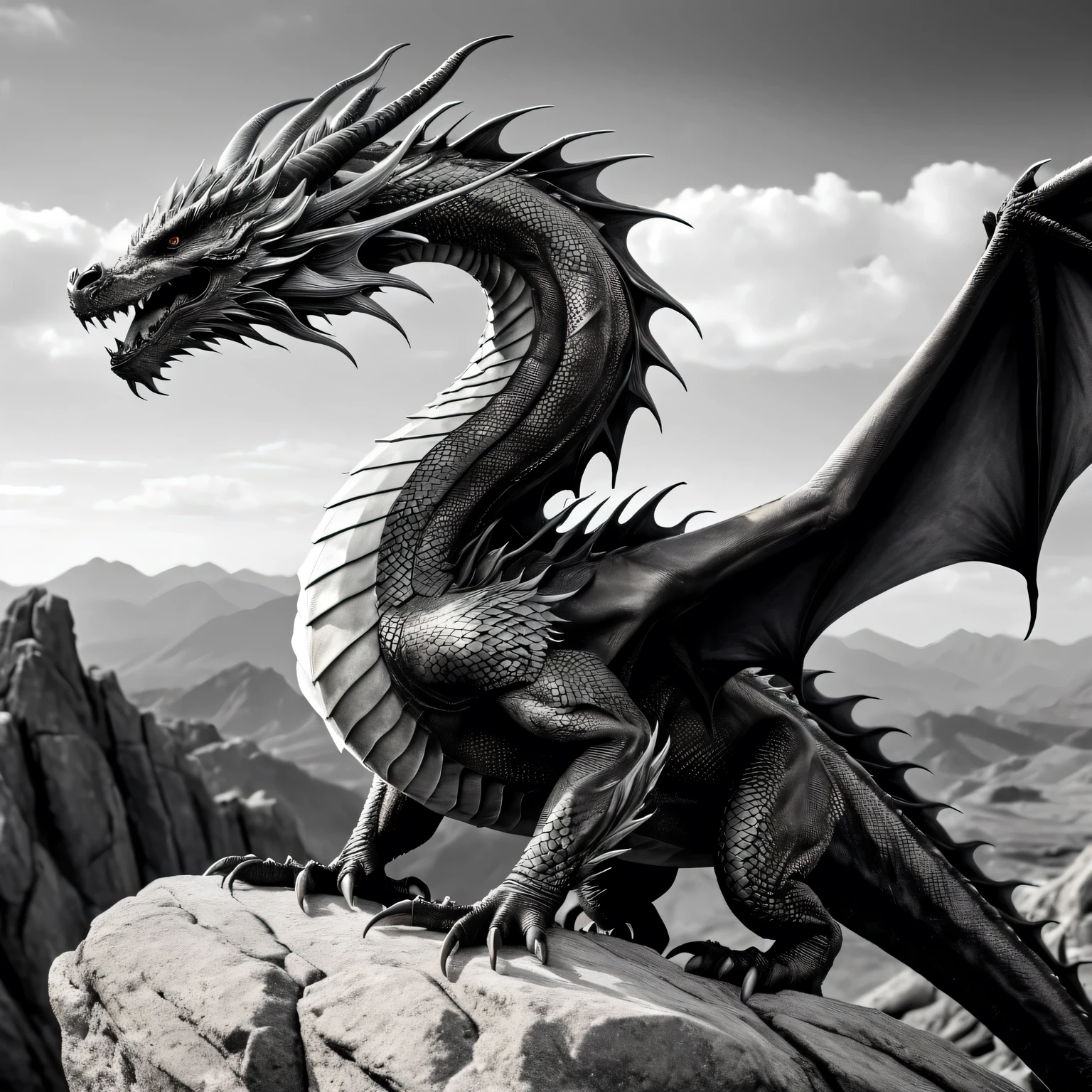 Realistic black and white photo, A large and powerful white dragon with ((extremely smooth and glossy skin)) it stands on a rocky plateau, ((smooth and elastic)) the texture of the dragon's skin is shown in detail, developed muscles, ((on the shoulders of the dragon)) is applied ((black tattoo of the eastern dragon)), ((tattoo is shown in detail)), high resolution, high definition, high detail, 32k, dragon tattoo, back tattoo