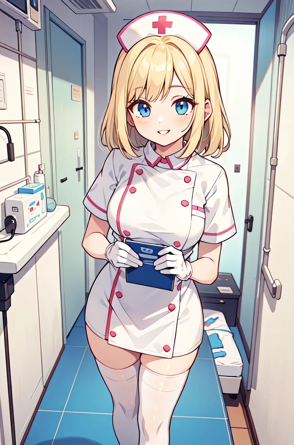 1woman, solo, nurse, white nurse cap, white nurse uniform, ((white legwear, zettai ryouiki)), white gloves, blonde hair, blue eyes, pink lips, smile, standing, ((hospital room)), sharp outline, short sleeves, mature female, 35 years old, best quality, masterpiece