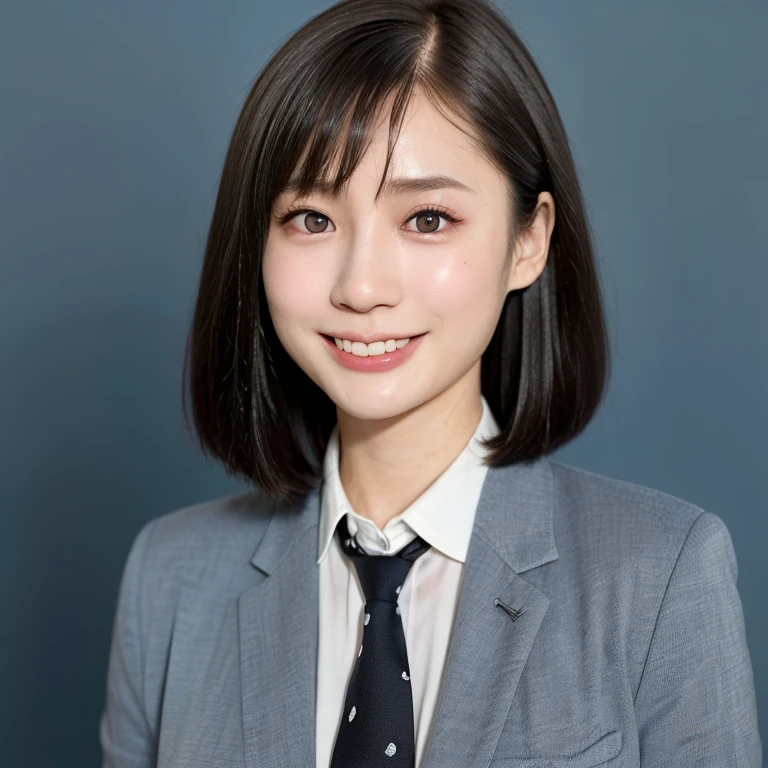 NSFW, (kawaii 24 year-old Japanese girl, Nogizaka idol, Korean idol), (glossy hair, very short hair, bangs:1.3), (beautiful black eyes, rounded face, single eyelid, no makeup, splash laughing:1.3), (wearing suit jacket, collared shirt, necktie:1.3), (extra small breasts:0.9), BREAK, (simple blue background:1.3), (view from forward, bust shot:1.3), BREAK, (masterpiece, best quality, photo realistic, official art:1.4), (UHD, 8K quality wallpaper, high resolution, raw photo, golden ratio:1.3), (shiny skin), professional lighting, physically based rendering, award winning, (highly detailed skin, extremely detailed face and eyes), Carl Zeiss 85 mm F/1.4, depth of field, (1girl, solo:1.3),