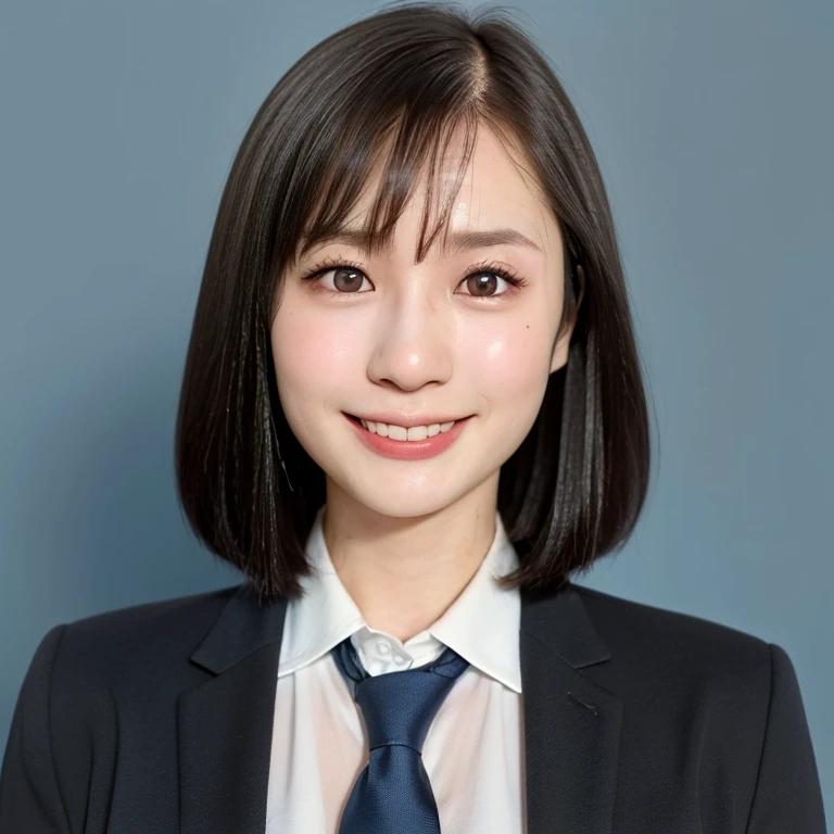 NSFW, (kawaii 24 year-old Japanese girl, Nogizaka idol, Korean idol), (glossy hair, very short hair, bangs:1.3), (beautiful black eyes, rounded face, single eyelid, no makeup, splash laughing:1.3), (wearing suit jacket, collared shirt, necktie:1.3), (extra small breasts:0.9), BREAK, (simple blue background:1.3), (view from forward, bust shot:1.3), BREAK, (masterpiece, best quality, photo realistic, official art:1.4), (UHD, 8K quality wallpaper, high resolution, raw photo, golden ratio:1.3), (shiny skin), professional lighting, physically based rendering, award winning, (highly detailed skin, extremely detailed face and eyes), Carl Zeiss 85 mm F/1.4, depth of field, (1girl, solo:1.3),