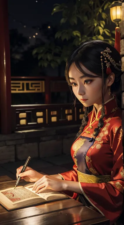 A photo of a beautiful girl in a traditional Chinese dress looking at ancient chinese book under lamp on a low table in garden s...