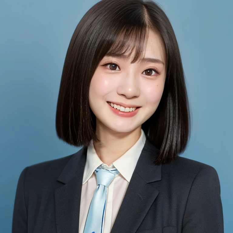 NSFW, (kawaii 24 year-old Japanese girl, Nogizaka idol, Korean idol), (glossy hair, very short hair, bangs:1.3), (beautiful black eyes, rounded face, single eyelid, no makeup, splash laughing:1.3), (wearing suit jacket, collared shirt, necktie:1.3), (extra small breasts:0.9), BREAK, (simple blue background:1.3), (view from forward, bust shot:1.3), BREAK, (masterpiece, best quality, photo realistic, official art:1.4), (UHD, 8K quality wallpaper, high resolution, raw photo, golden ratio:1.3), (shiny skin), professional lighting, physically based rendering, award winning, (highly detailed skin, extremely detailed face and eyes), Carl Zeiss 85 mm F/1.4, depth of field, (1girl, solo:1.3),