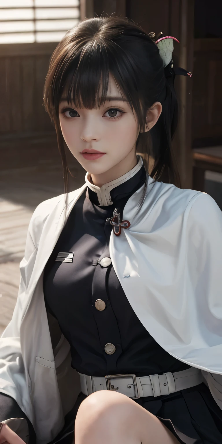 (RAW Photos, highest quality), (Realistic, Photorealistic Truth: 1.3), highest quality, Very detailed, masterpiece, Ultra-detailed, figure, One girl, kanao tsuyuri, ((Bangs Patsun,Side ponytail)),(( Demon Slayer uniform:1.4)), Butterfly Hair Ornament,( white belt), ( White Cape),, (Black jacket), (Pleated skirt), belt, (Black Skirt), knees, buckle, belt buckle, upper_body, Dynamic Angle, World Mastery Theatre, long hair flying, Fluorescent Centred, highest quality, Highly detailed CG integrated 8K wallpaper, ink, wonderful, Cinema Lighting, lens_Flare, wuxia_style,(((Straight Bangs:1.4))),(blunt bangs:1.4),