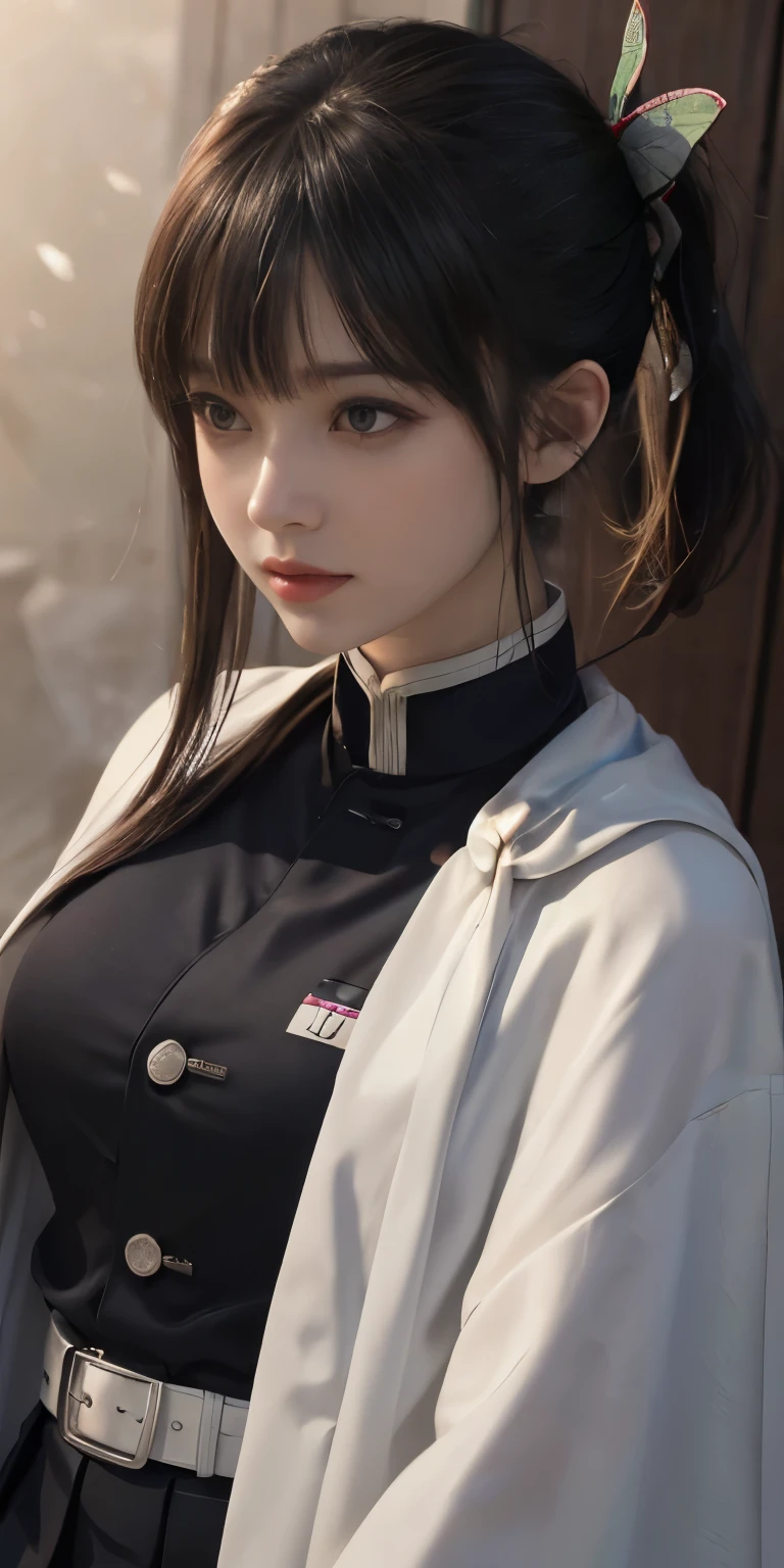 (RAW Photos, highest quality), (Realistic, Photorealistic Truth: 1.3), highest quality, Very detailed, masterpiece, Ultra-detailed, figure, One girl, kanao tsuyuri, ((Bangs Patsun,Side ponytail)),(( Demon Slayer uniform:1.4)), Butterfly Hair Ornament,( white belt), ( White Cape),, (Black jacket), (Pleated skirt), belt, (Black Skirt), knees, buckle, belt buckle, upper_body, Dynamic Angle, World Mastery Theatre, long hair flying, Fluorescent Centred, highest quality, Highly detailed CG integrated 8K wallpaper, ink, wonderful, Cinema Lighting, lens_Flare, wuxia_style,(((Straight Bangs:1.4))),(blunt bangs:1.4), Natural makeup,Attractive posture, Giant tit， Close-up,A broad perspective,