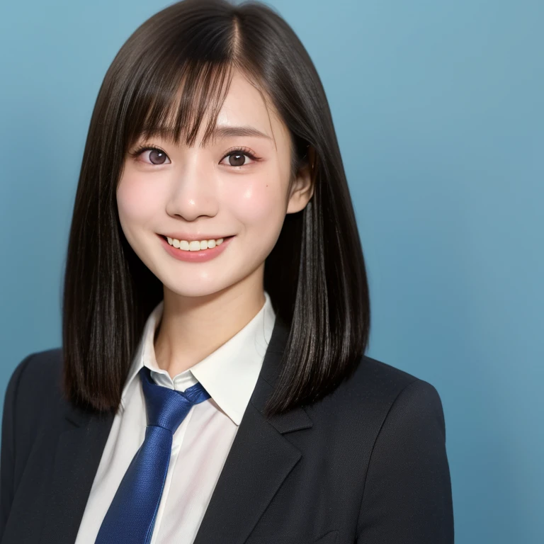 NSFW, (kawaii 24 year-old Japanese girl, Nogizaka idol, Korean idol), (glossy hair, very short hair, bangs:1.3), (beautiful black eyes, rounded face, single eyelid, no makeup, splash laughing:1.3), (wearing suit jacket, collared shirt, necktie:1.3), (extra small breasts:0.9), BREAK, (simple blue background:1.3), (view from forward, bust shot:1.3), BREAK, (masterpiece, best quality, photo realistic, official art:1.4), (UHD, 8K quality wallpaper, high resolution, raw photo, golden ratio:1.3), (shiny skin), professional lighting, physically based rendering, award winning, (highly detailed skin, extremely detailed face and eyes), Carl Zeiss 85 mm F/1.4, depth of field, (1girl, solo:1.3),