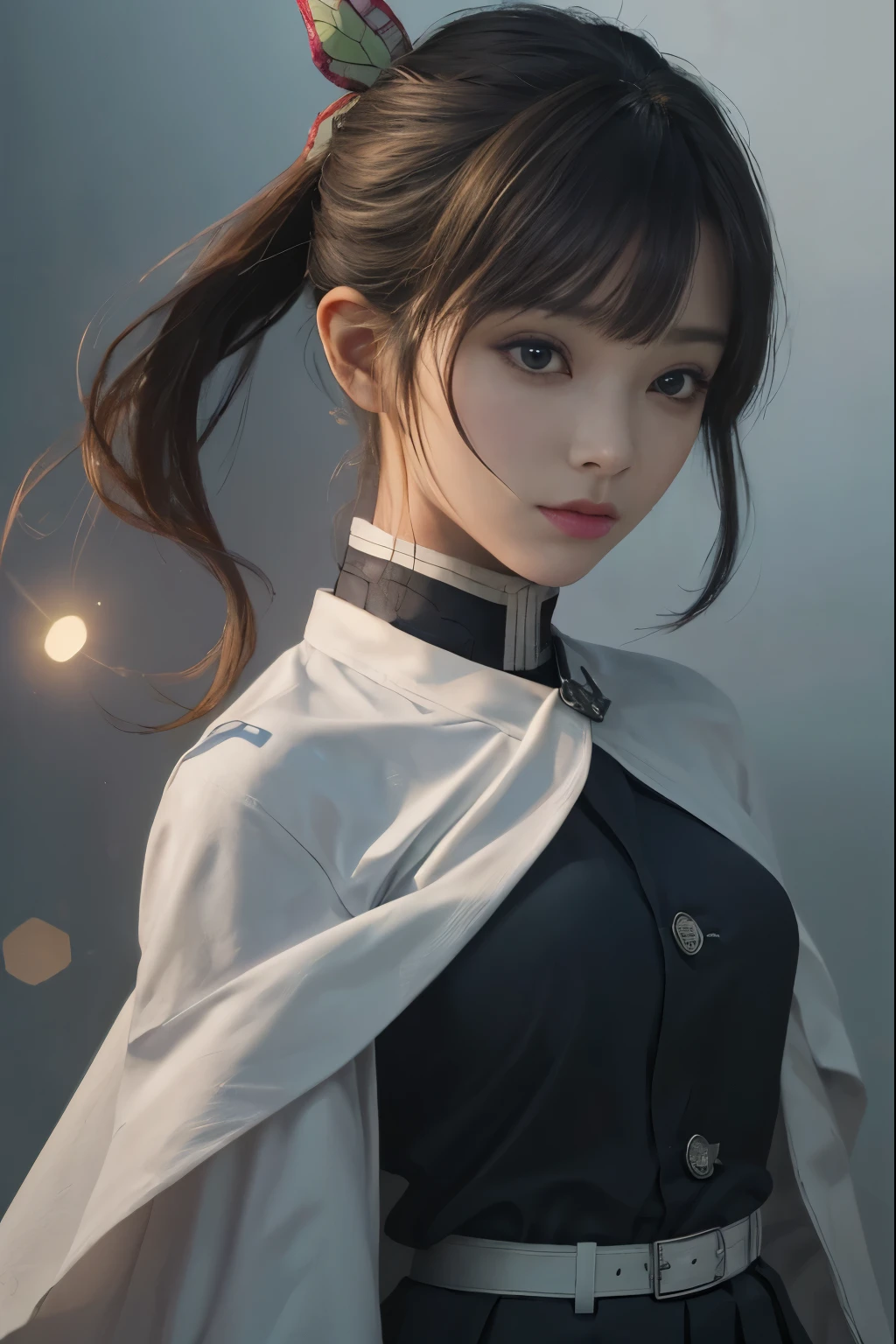 (RAW Photos, highest quality), (Realistic, Photorealistic Truth: 1.3), highest quality, Very detailed, masterpiece, Ultra-detailed, figure, One girl, kanao tsuyuri, ((Bangs Patsun,Side ponytail)),(( Demon Slayer uniform:1.4)), Butterfly Hair Ornament,( white belt), ( White Cape),, (Black jacket), (Pleated skirt), belt, (Black Skirt), knees, buckle, belt buckle, upper_body, Dynamic Angle, World Mastery Theatre, long hair flying, Fluorescent Centred, highest quality, Highly detailed CG integrated 8K wallpaper, ink, wonderful, Cinema Lighting, lens_Flare, wuxia_style,(((Straight Bangs:1.4))),(blunt bangs:1.4), Natural makeup,Attractive posture, Giant tit， Close-up,A broad perspective,