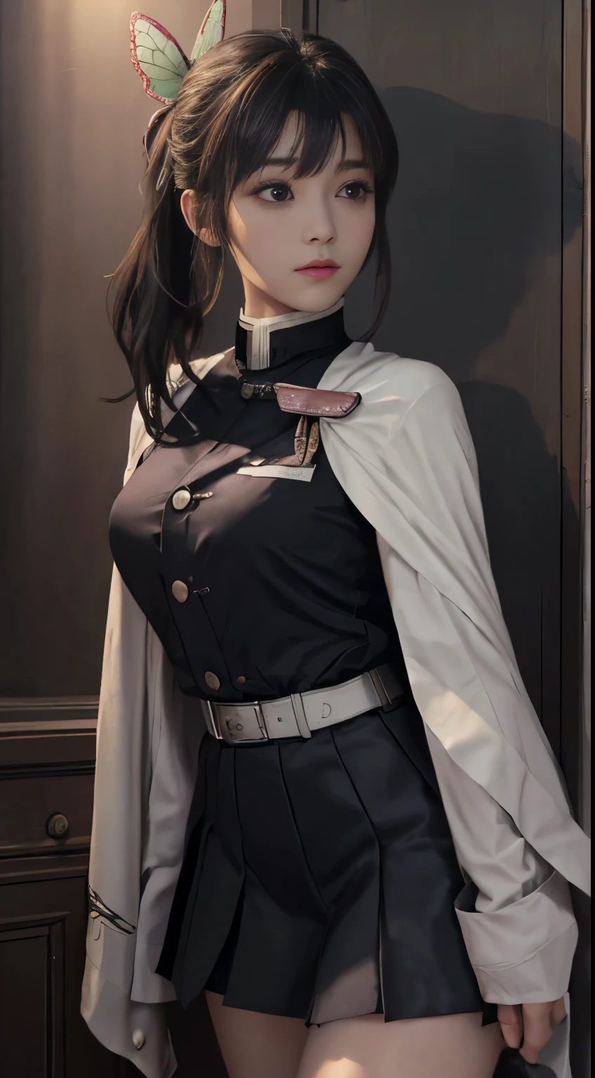 (RAW Photos, highest quality), (Realistic, Photorealistic Truth: 1.3), highest quality, Very detailed, masterpiece, Ultra-detailed, figure, One girl, kanao tsuyuri, ((Bangs Patsun,Side ponytail)),(( Demon Slayer uniform:1.4)), Butterfly Hair Ornament,( white belt), ( White Cape),, (Black jacket), (Pleated skirt), belt, (Black Skirt), knees, buckle, belt buckle, upper_body, Dynamic Angle, World Mastery Theatre, long hair flying, Fluorescent Centred, highest quality, Highly detailed CG integrated 8K wallpaper, ink, wonderful, Cinema Lighting, lens_Flare, wuxia_style,(((Straight Bangs:1.4))),(blunt bangs:1.4), Natural makeup,Attractive posture, Giant tit， Close-up,A broad perspective,