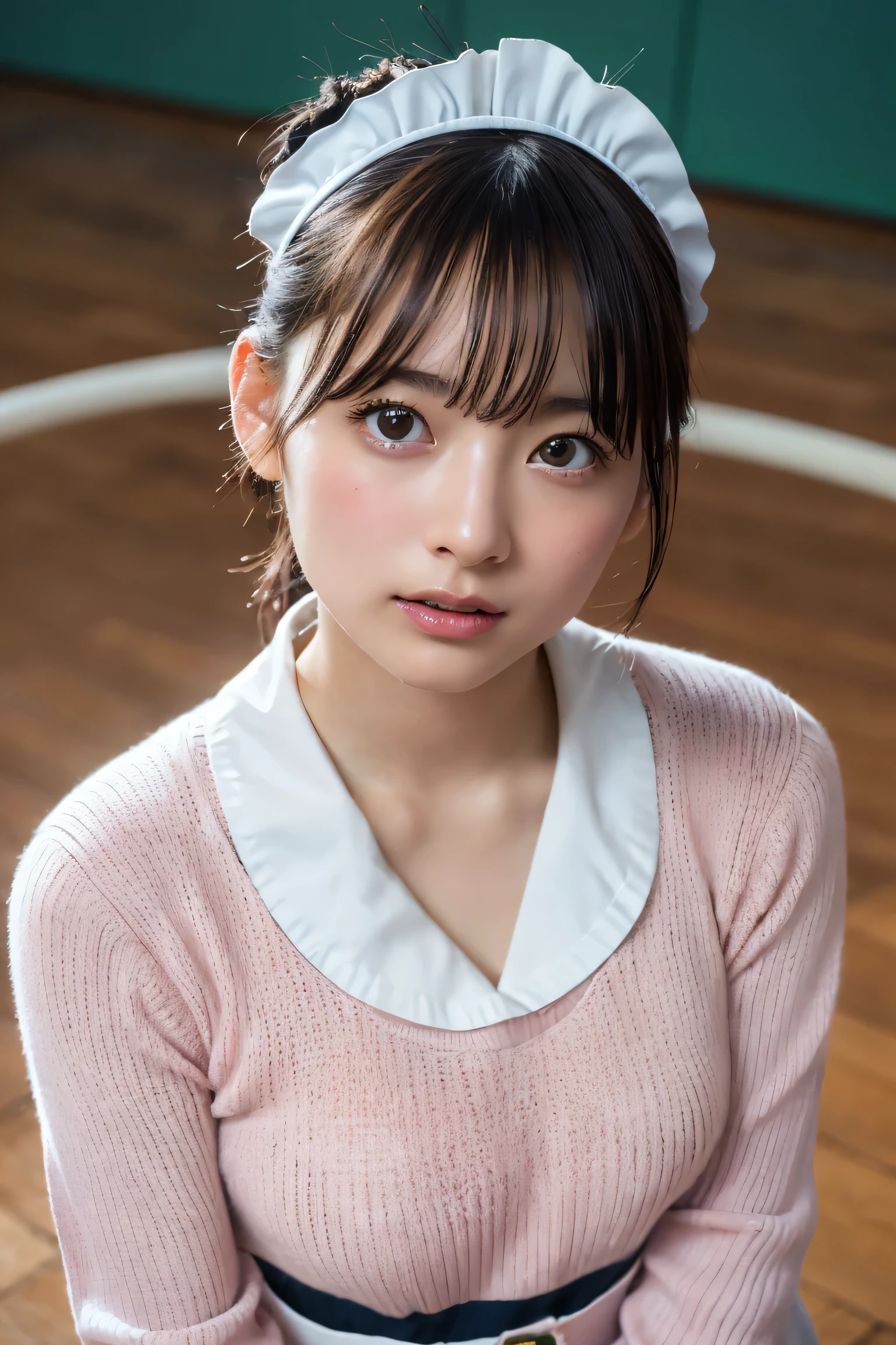 (8k, RAW Photos,highest quality, High resolution:1.1), (Ultra-realistic:1.4),(Realistic, Realistic:1.3),The Beauty of Japan、Rhythmic gymnastics club、Rhythmic Gymnastics Uniform、((Upper Body:1.3)),Maid Cafe、((Maid:1.3)),(Pink knitted sweater:1.3),Looking up、Shot from above、