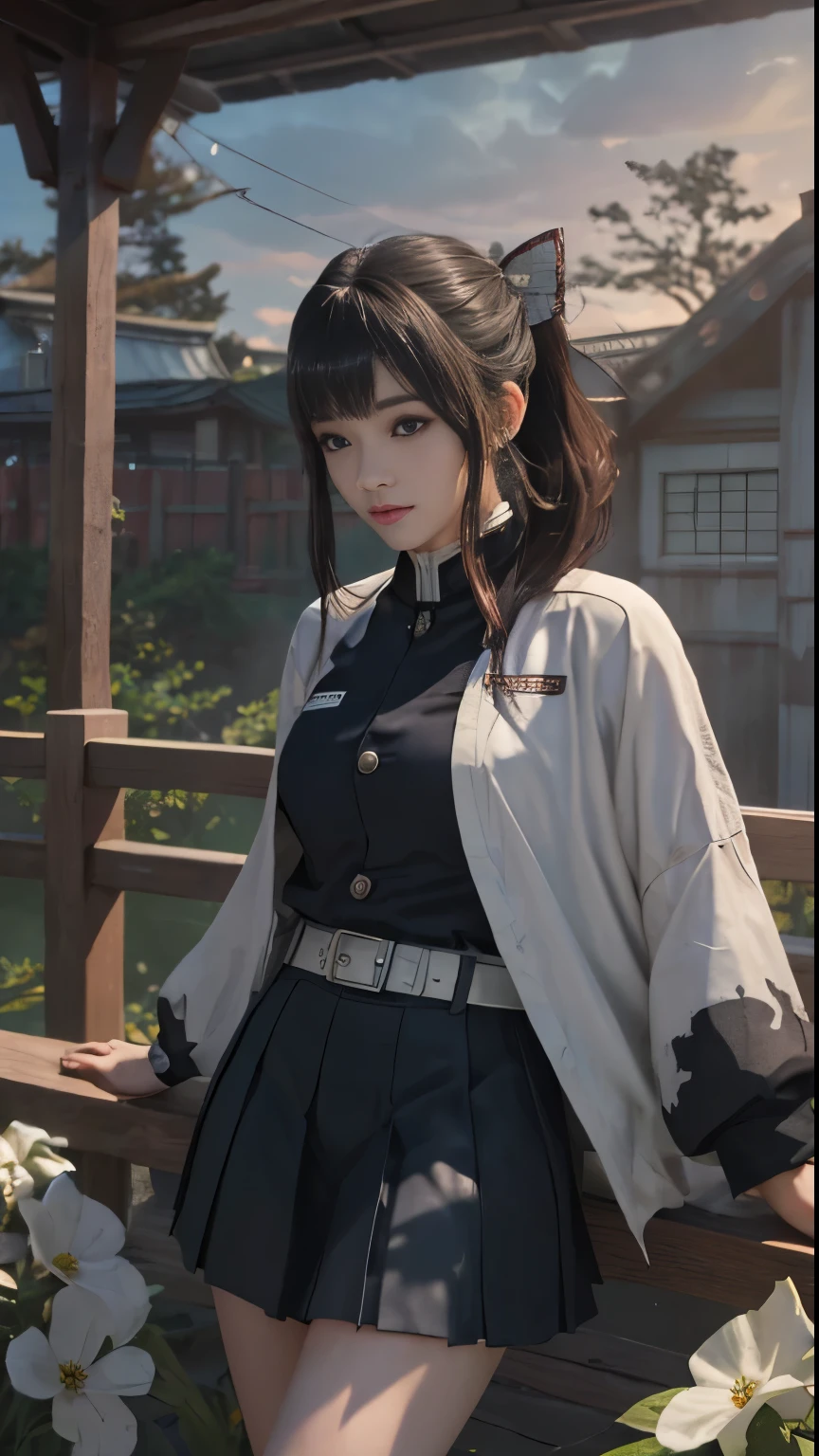 (RAW Photos, highest quality), (Realistic, Photorealistic Truth: 1.3), highest quality, Very detailed, masterpiece, Ultra-detailed, figure, One girl, kanao tsuyuri, ((Bangs Patsun,Side ponytail)),(( Demon Slayer uniform:1.4)), Butterfly Hair Ornament,( white belt), ( White Cape),, (Black jacket), (Pleated skirt), belt, (Black Skirt), knees, buckle, belt buckle, upper_body, Dynamic Angle, World Mastery Theatre, long hair flying, Fluorescent Centred, highest quality, Highly detailed CG integrated 8K wallpaper, ink, wonderful, Cinema Lighting, lens_Flare, wuxia_style,(((Straight Bangs:1.4))),(blunt bangs:1.4), Natural makeup,Attractive posture, Giant tit， Close-up,A broad perspective,