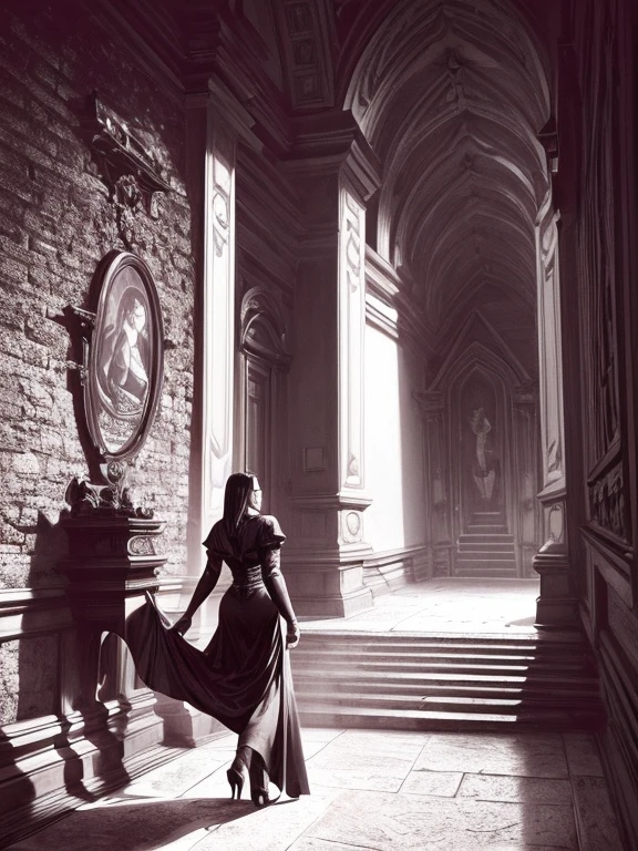 classic, dramatic, cinematic scene, a cute vampire projecting her shadow on the wall of a castle hall scaring a girl, Dracula movie, 1940 style, sexier, gentle look, black and white scene,