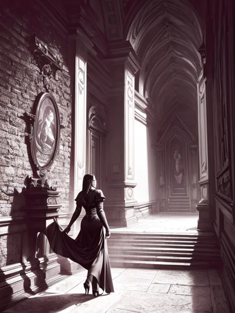 classic, dramatic, cinematic scene, back view, a cute vampire projecting her shadow on the wall of a castle hall scaring a girl,...