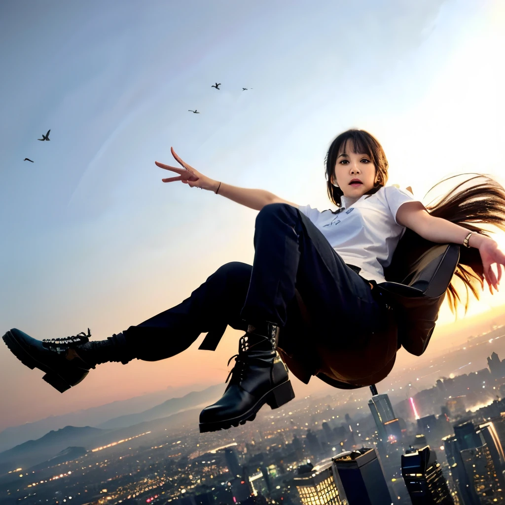 (best quality,4k,8K,High resolution,masterpiece:1.2),game character,one young and extremely beautiful female game character,Powerful telepathic abilities,Rushing through the sky, Soaring above the bustling city beneath her feet