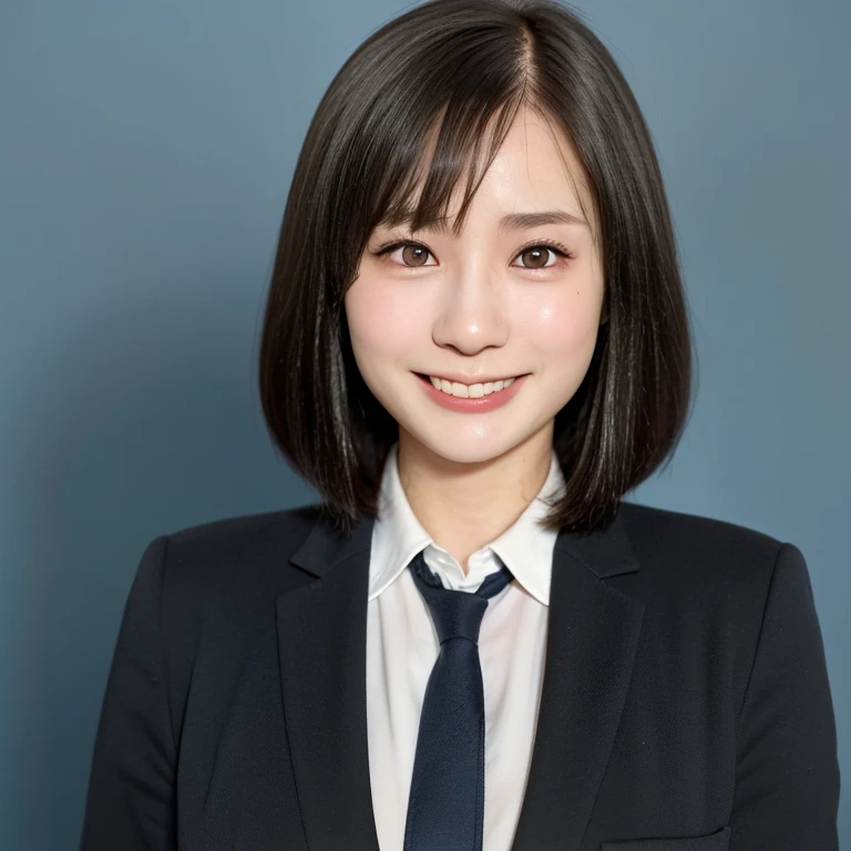 NSFW, (kawaii 24 year-old Japanese girl, Nogizaka idol, Korean idol), (glossy hair, very short hair, bangs:1.3), (beautiful black eyes, rounded face, single eyelid, no makeup, splash laughing:1.3), (wearing suit jacket, collared shirt, necktie:1.3), (extra small breasts:0.9), BREAK, (simple blue background:1.3), (view from forward, bust shot:1.3), BREAK, (masterpiece, best quality, photo realistic, official art:1.4), (UHD, 8K quality wallpaper, high resolution, raw photo, golden ratio:1.3), (shiny skin), professional lighting, physically based rendering, award winning, (highly detailed skin, extremely detailed face and eyes), Carl Zeiss 85 mm F/1.4, depth of field, (1girl, solo:1.3),