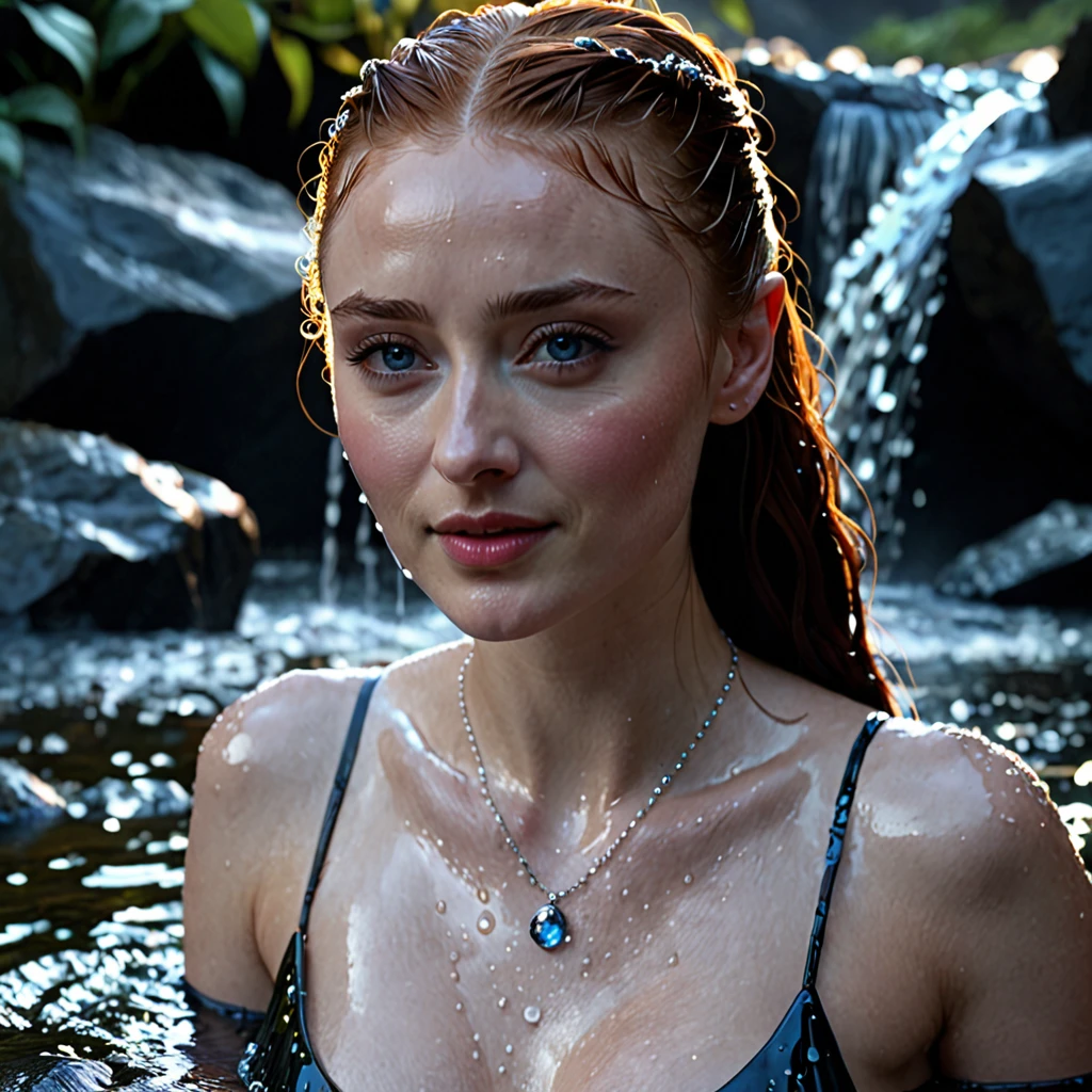 Night scene, close-up photo of Sansa Stark, small breasts, bathing near the  wate - SeaArt AI