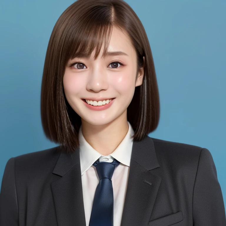 NSFW, (kawaii 24 year-old Japanese girl, Nogizaka idol, Korean idol), (glossy brown hair, very short hair, bangs:1.3), (beautiful black eyes, rounded face, single eyelid, no makeup, splash laughing:1.3), (wearing suit jacket, collared shirt, necktie:1.3), (extra small breasts:0.9), BREAK, (simple blue background:1.3), (view from forward, bust shot,  id photo:1.3), BREAK, (masterpiece, best quality, photo realistic, official art:1.4), (UHD, 8K quality wallpaper, high resolution, raw photo, golden ratio:1.3), (shiny skin), professional lighting, physically based rendering, award winning, (highly detailed skin, extremely detailed face and eyes), Carl Zeiss 85 mm F/1.4, depth of field, (1girl, solo:1.3),