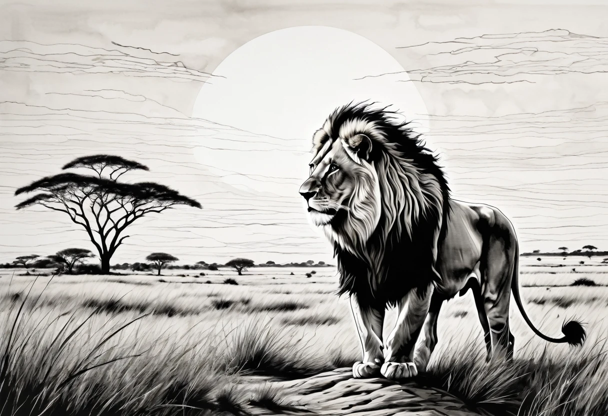 IInk style drawing, a lion in the middle of the vast savannah, Clear style, Contemporary art, black  and white ink style, thin ink lines