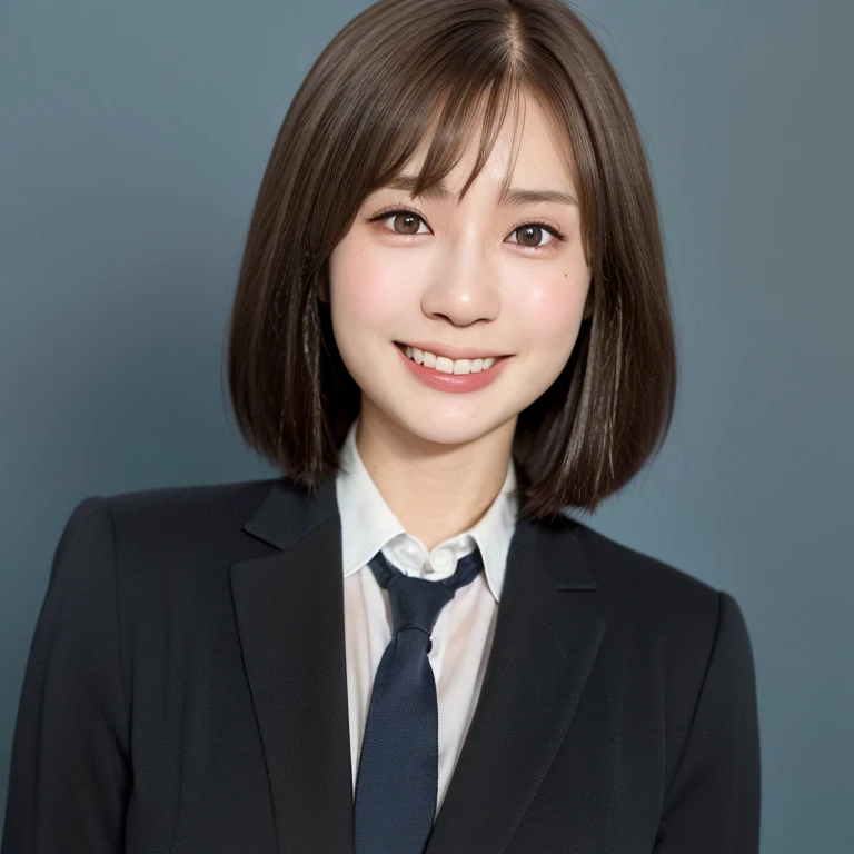 NSFW, (kawaii 24 year-old Japanese girl, Nogizaka idol, Korean idol), (glossy light brown hair, very short hair, bangs:1.3), (beautiful black eyes, rounded face, single eyelid, no makeup, splash laughing:1.3), (wearing suit jacket, collared shirt, necktie:1.3), (extra small breasts:0.9), BREAK, (simple blue background:1.3), (view from forward, bust shot,  id photo:1.3), BREAK, (masterpiece, best quality, photo realistic, official art:1.4), (UHD, 8K quality wallpaper, high resolution, raw photo, golden ratio:1.3), (shiny skin), professional lighting, physically based rendering, award winning, (highly detailed skin, extremely detailed face and eyes), Carl Zeiss 85 mm F/1.4, depth of field, (1girl, solo:1.3),