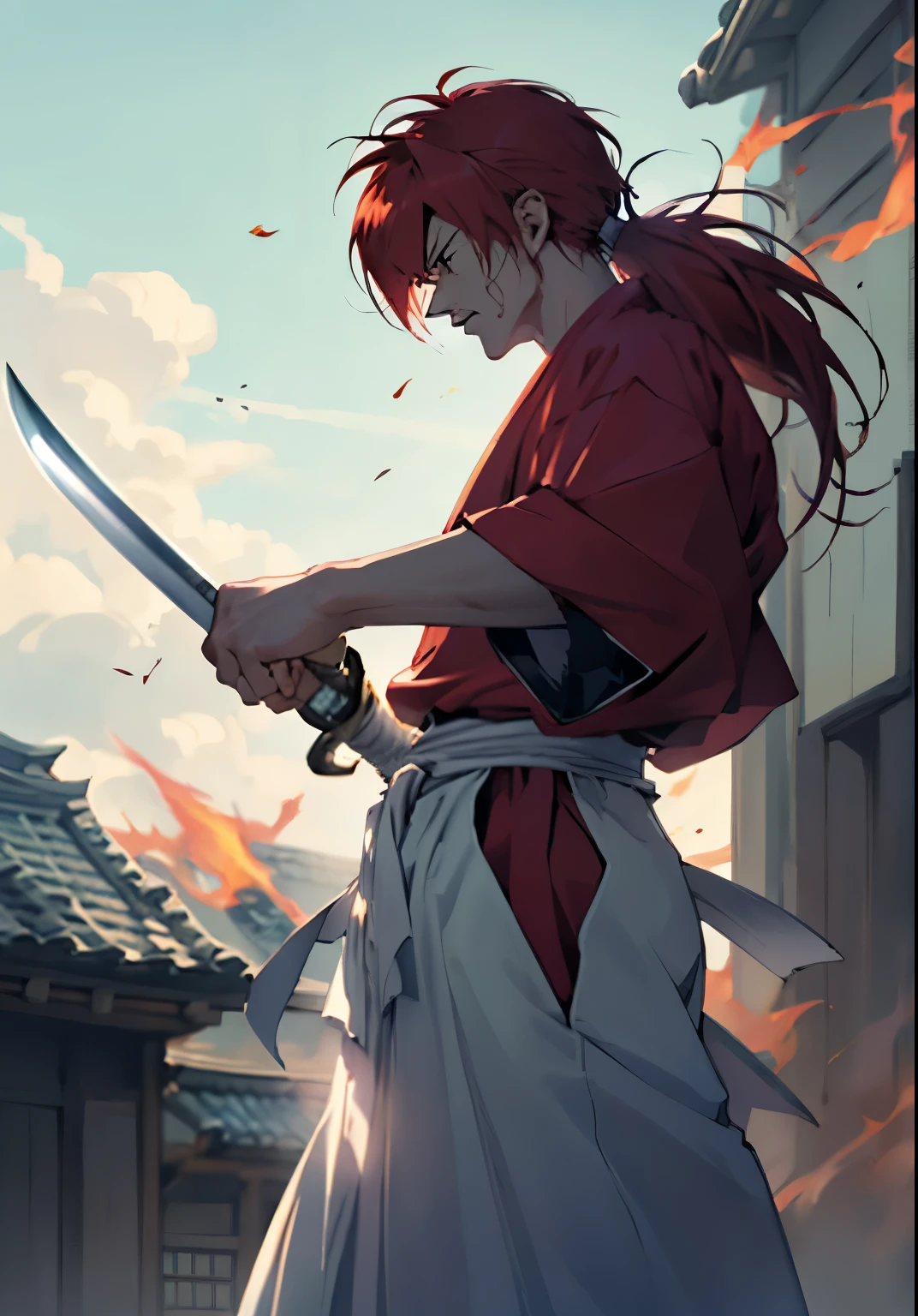 Design amazing postereatures kenshin as the protagonist "Rurouni Kenshin" In the heat of the moment. Capture the essence of his burning determination and indomitable spirit. For he unleashed his anger. Action with katana, Keep it short, Bold, And strongly convey the raw power of Kenshin's anger. Long Hair, ponytail, Red Hair, 1katana, white hakama, red kimono, cross sign in left cheek,  {The perfect sword, samurai, Straight Katana, Holding a straight sword}