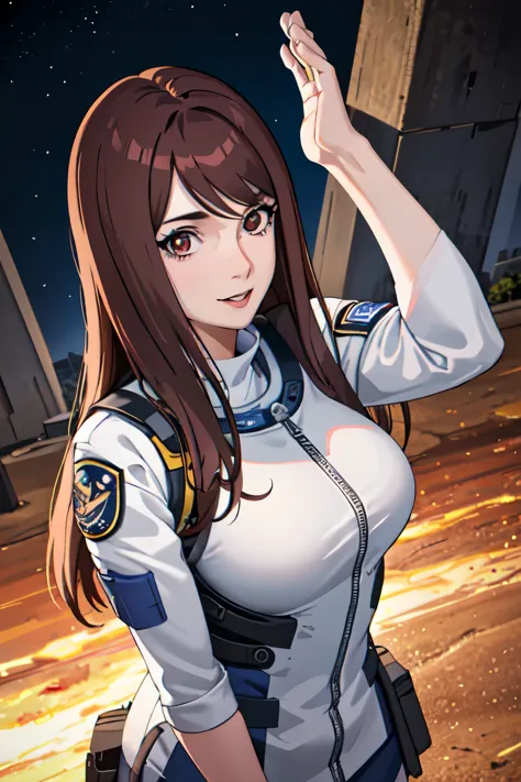 1 adult woman, 29 years old, straight hair, brown hair, red eyes,Looking at the viewer, astronaut uniform, standing in the park,...