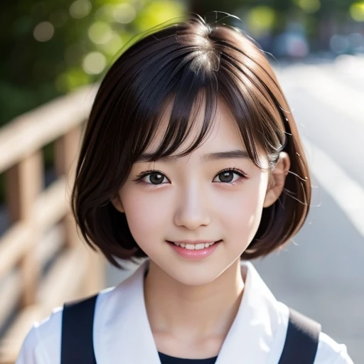 ((Cute 15 year old Japanese))、on the road、Highly detailed face、Pay attention to the details、double eyelid、Beautiful thin nose、Sharp focus:1.2、Beautiful woman:1.4、Cute Hairstyles、Pure white skin、highest quality、masterpiece、Ultra-high resolution、(Realistic:1.4)、Highly detailed and professional lighting、nice smile、Japanese school girl uniform